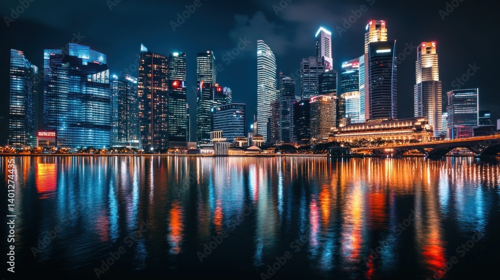 Naklejka premium Singapore Skyline Night Reflection