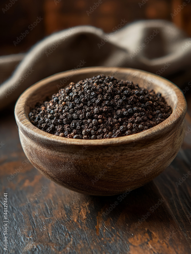 A wooden bowl filled with black peppercorns on a wooden surface. A wooden bowl filled with black peppercorns on a wooden surface.