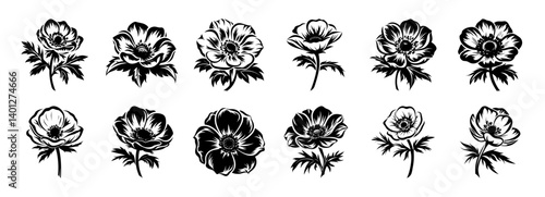 Vintage Black Ink Floral Illustrations Collection, Set of hand-drawn black floral illustrations featuring various blooming flowers, ideal for vintage designs, prints, and tattoo art.
