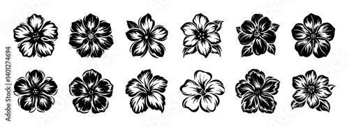 Collection of twelve black and white floral illustrations featuring hibiscus and other flower types