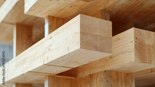 A close-up view of cross-laminated timber (CLT) panels reveals the intricate layers of wood in this sustainable building material. 