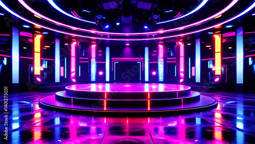 Colorful spotlights illuminate the concert stage against a dark backdrop, creating a striking contrast with ample copy space