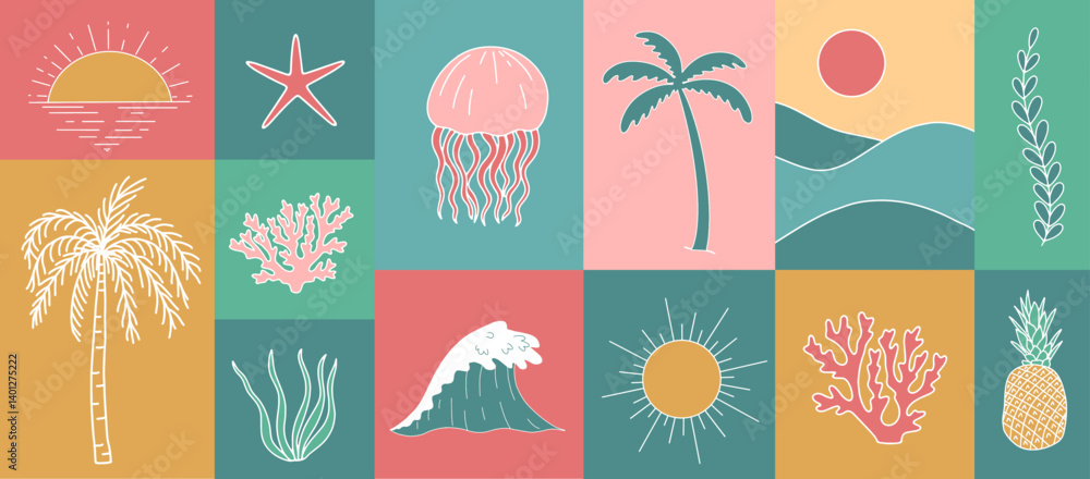 Summer retro posters boho style set collage Summer retro posters boho style set collage