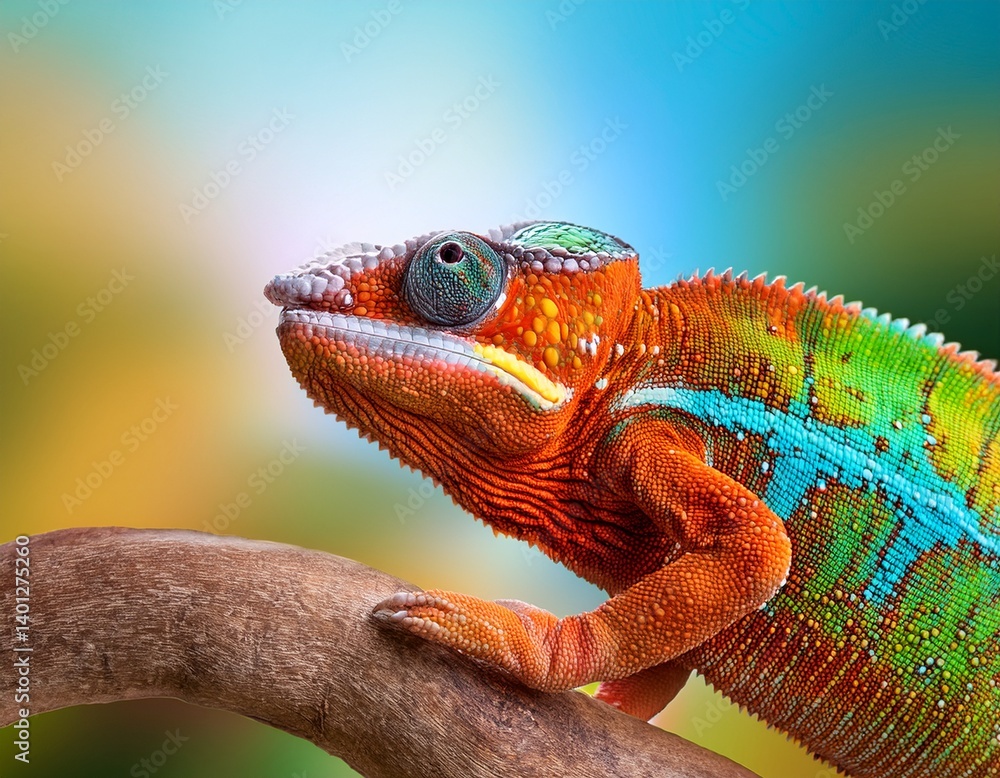 Fototapeta premium colorful chameleon on blurred background n vibrant banner or header design with a multicolored chameleon and soft gradient backdrop