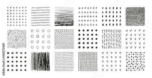 Hand drawn patterns with dots, lines, scribbles set. Geometric simple shapes, doodles, grunge ink blots, splashes for wallpaper, backgrounds. Vector isolated collection