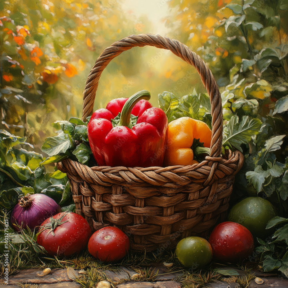 Basket of fresh vegetables in a sunny garden. Basket of fresh vegetables in a sunny garden.