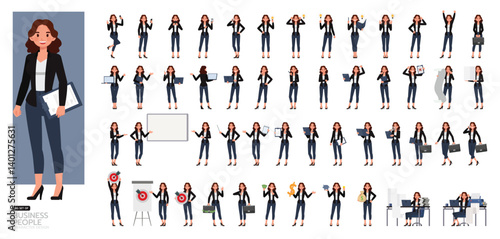 Big Set of Business woman wear black shirt, long brown curly hair character vector design. People working in office planning, thinking and economic analysis.