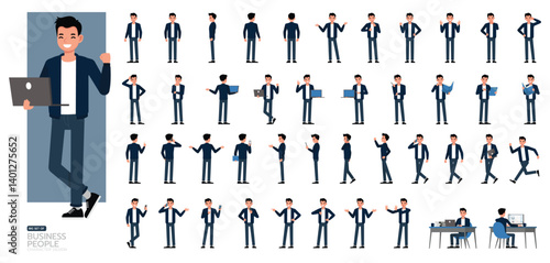 Big Set of businessman wear blue jacket character vector design. People working in office planning, thinking and economic analysis. Presentation in various action.