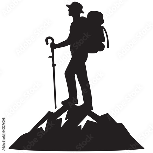 Man silhouette illustration conquering a mountain top illustrating adventure and success