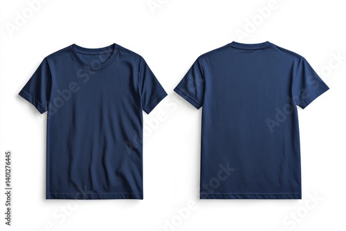 A clean, minimalist design of a navy blue t-shirt mockup with front and back views, displayed on a white background, offering ample space for creative designs.