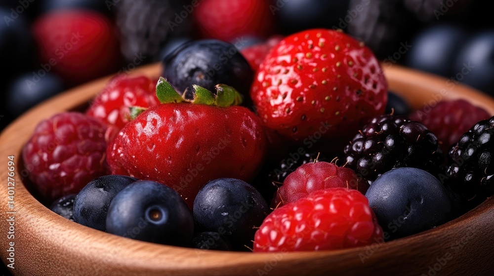 A wooden bowl overflowing with various fresh berries. Close-up view A wooden bowl overflowing with various fresh berries. Close-up view