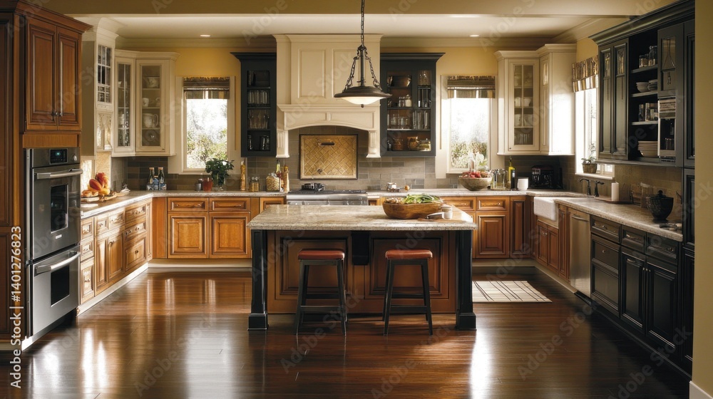 Elegant and Spacious Kitchen Design with Dark and Light Wood Cabinets, Granite Countertops, and Stainless Steel Appliances Elegant and Spacious Kitchen Design with Dark and Light Wood Cabinets, Granite Countertops, and Stainless Steel Appliances