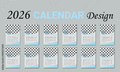 Wall calendar design for 2026 year, monthly calendar template with place logo and contact information. Set of calendars with amazing images.