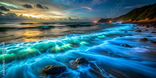 Bioluminescent plankton lighting up the waves at night