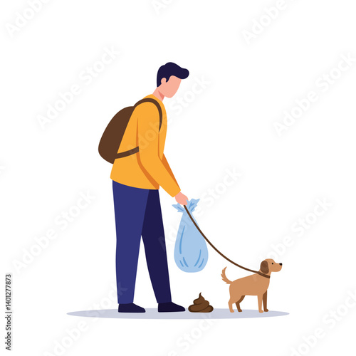 Dog owner picking up waste while walking pet minimalist vector illustration