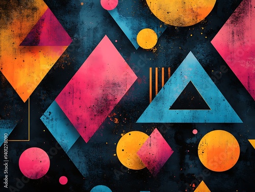 A sleek retro Memphis geometric wallpaper with overlapping triangles, circles,