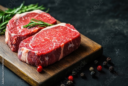 A close-up shot of raw, prime Black Angus beef steaks on a wooden board, showcasing the rich marbling and tenderness of the cuts.