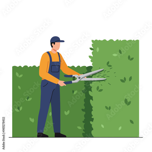 Gardener trimming hedges with scissors in flat and colorful vector art