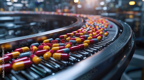 Wallpaper Mural Automated pharmaceutical capsule production line.  Capsules move along a conveyor belt in a factory setting Torontodigital.ca