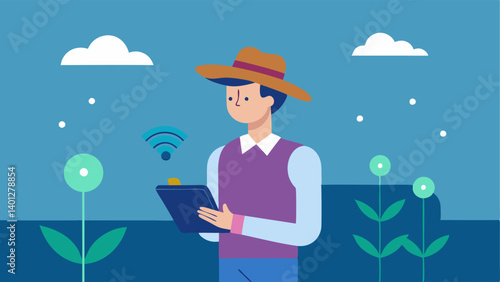 DataDriven Farming A farmer standing in a field holding a tablet displaying realtime data analytics generated by AI from their farms sensors.