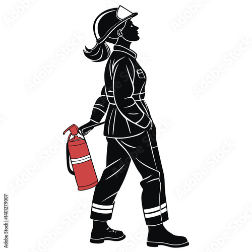 Female firefighter black silhouette with helmet and extinguisher, standing tall Vector