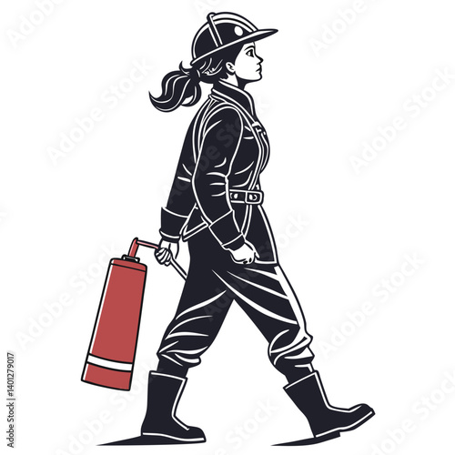 Female firefighter black silhouette with helmet and extinguisher, standing tall Vector