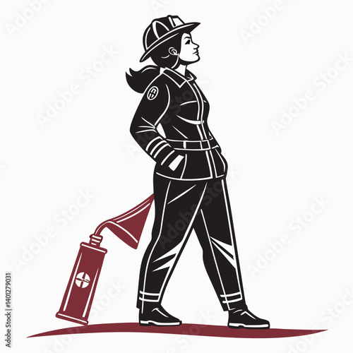 Female firefighter black silhouette with helmet and extinguisher, standing tall Vector
