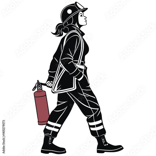 Female firefighter black silhouette with helmet and extinguisher, standing tall Vector