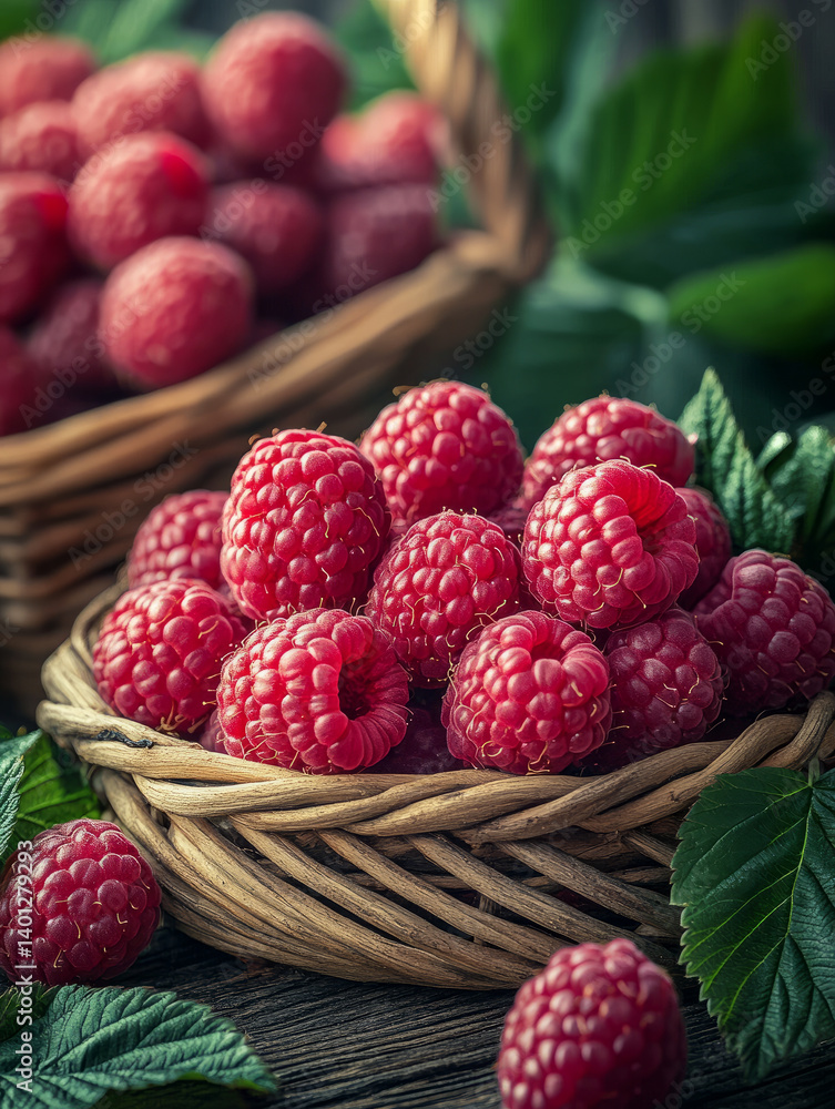 Fresh raspberries in wicker baskets with green leaves. Fresh raspberries in wicker baskets with green leaves.