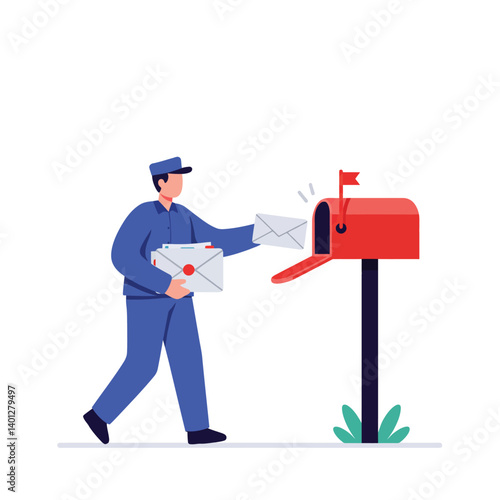 Postal worker delivering letters to a mailbox in flat vector art