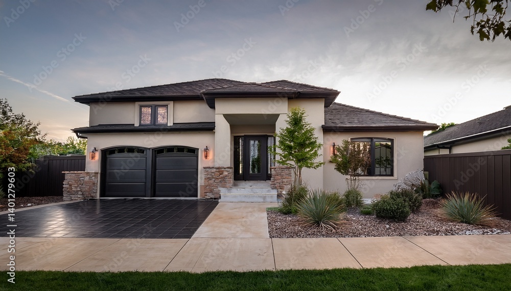 Fototapeta premium contemporary rustic charm awaits unwind in a transitional home with a stucco facade charcoal black accents and symmetrical landscaping for serene style