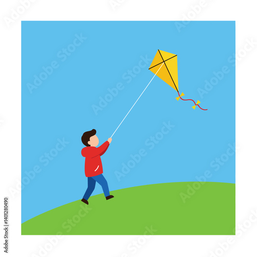 Child flying a yellow kite in a green field flat vector art