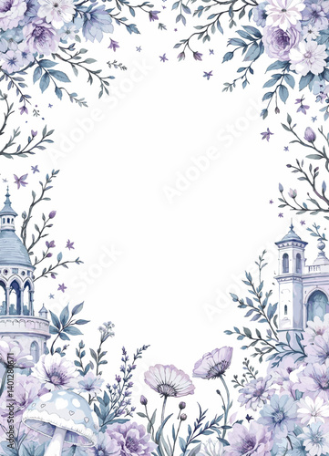 Beautiful floral frame with purple flowers, mushrooms, and architectural elements for creative designs