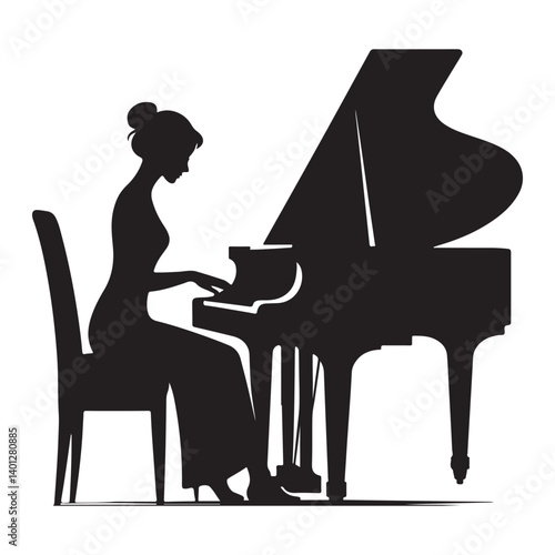 Silhouette of Pianist Woman Playing Piano Elegant Music and Art Performance