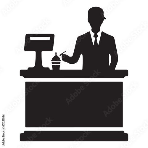 Cashier Standing at Counter Silhouette Illustration for Business