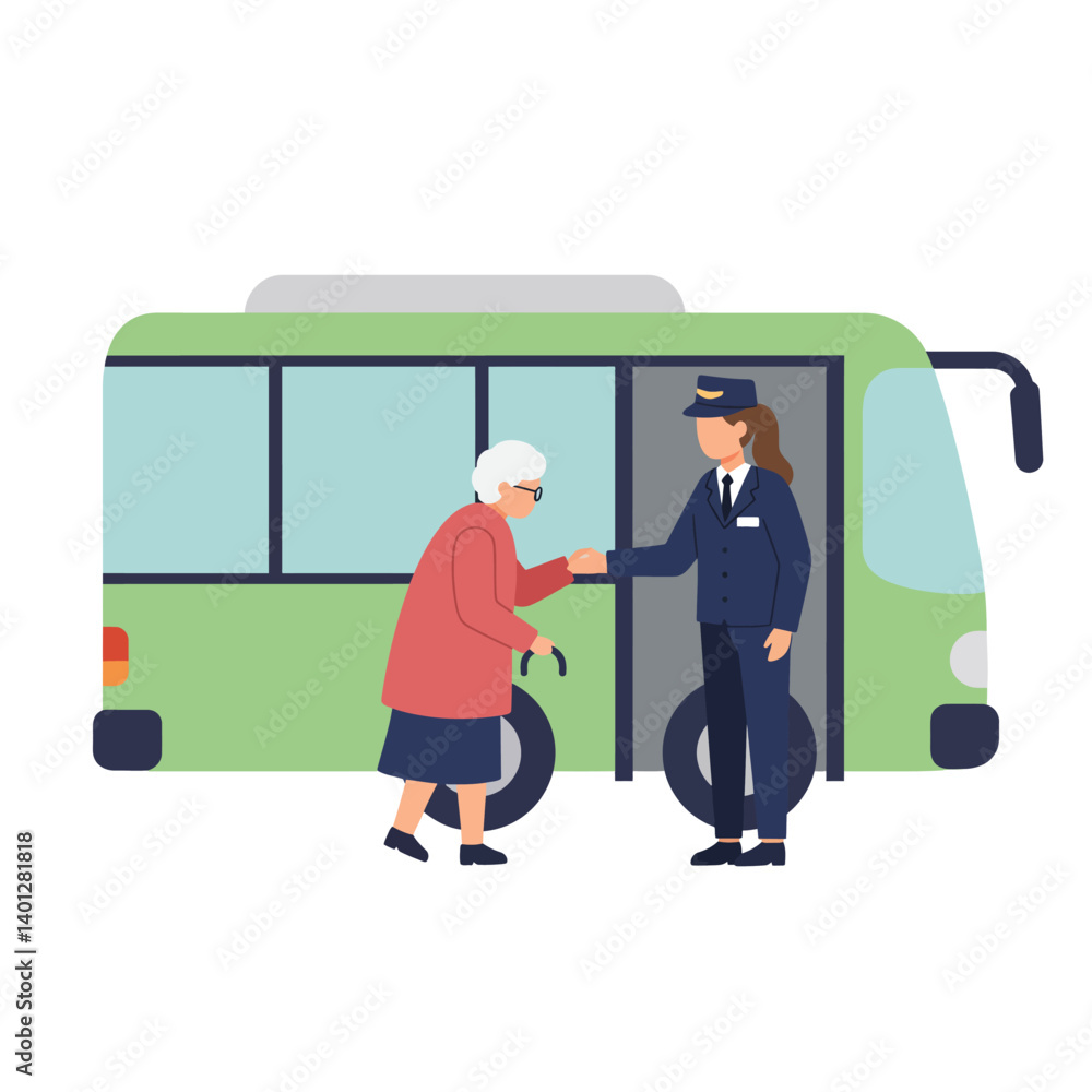Obraz premium Senior woman interacting with bus driver in flat vector illustration style