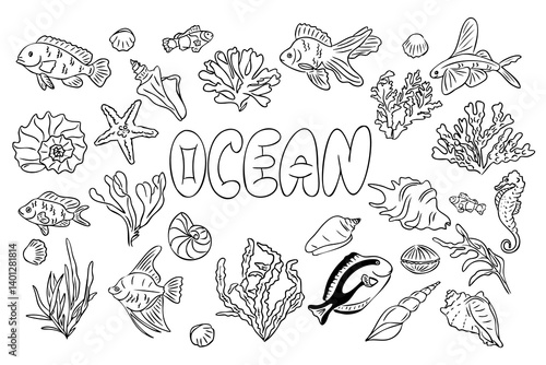 Ocean animals and plants arranged around the word ocean in playful bubble letters. Concept of marine life diversity and underwater ecosystem in a hand drawn coloring page style
