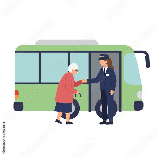 Senior woman interacting with bus driver in flat vector illustration style