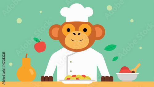Fanciful Dish Preparation The monkey stands proudly in front of a beautifully arranged plate artfully decorating it with a drizzle of sauce and a sprig of fresh basil. As it