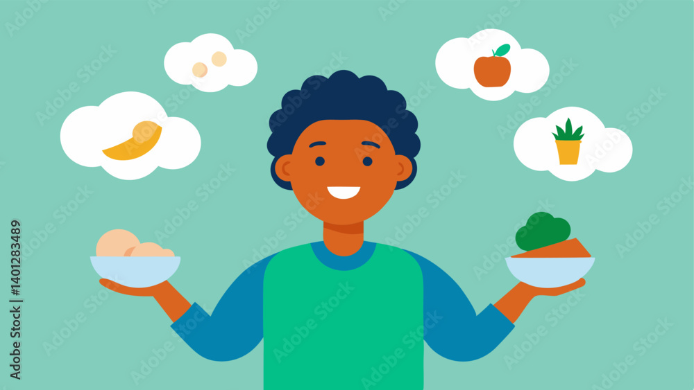 Happy User with Food A diverse individual smiling while holding a healthy meal with thought bubbles showing how their meal is tailored to their unique health goals. Happy User with Food A diverse individual smiling while holding a healthy meal with thought bubbles showing how their meal is tailored to their unique health goals.