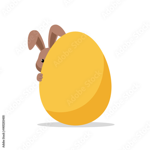 Cute bunny peeking behind a large yellow egg in flat vector art