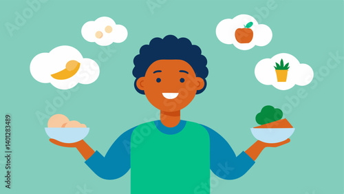 Happy User with Food A diverse individual smiling while holding a healthy meal with thought bubbles showing how their meal is tailored to their unique health goals.