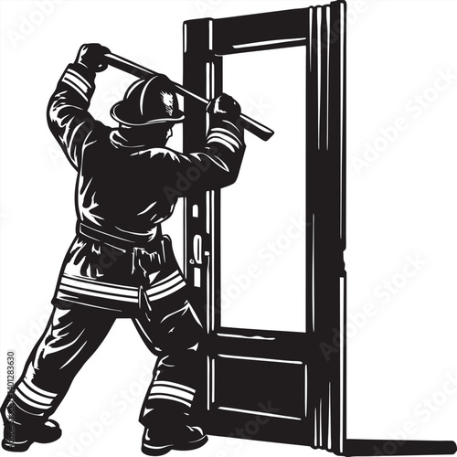 Firefighter breaking down a door with crowbar, silhouetted Vector