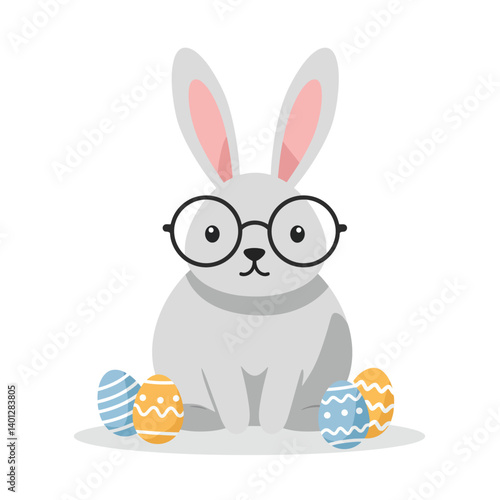 Cute gray rabbit wearing glasses with colorful Easter eggs in flat vector art