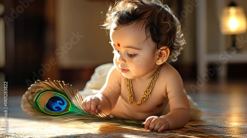 A baby wearing jewelry plays with a peacock feather during Gokulashtami, celebrating the divine birth of Lord Krishna.
