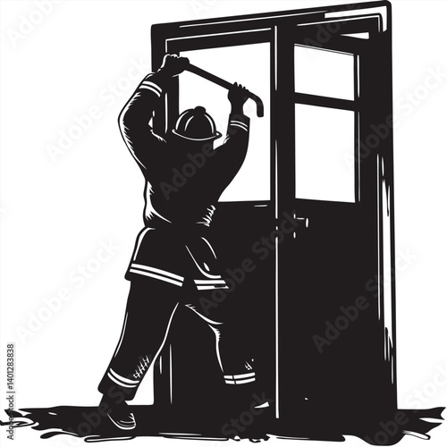 Firefighter breaking down a door with crowbar, silhouetted Vector