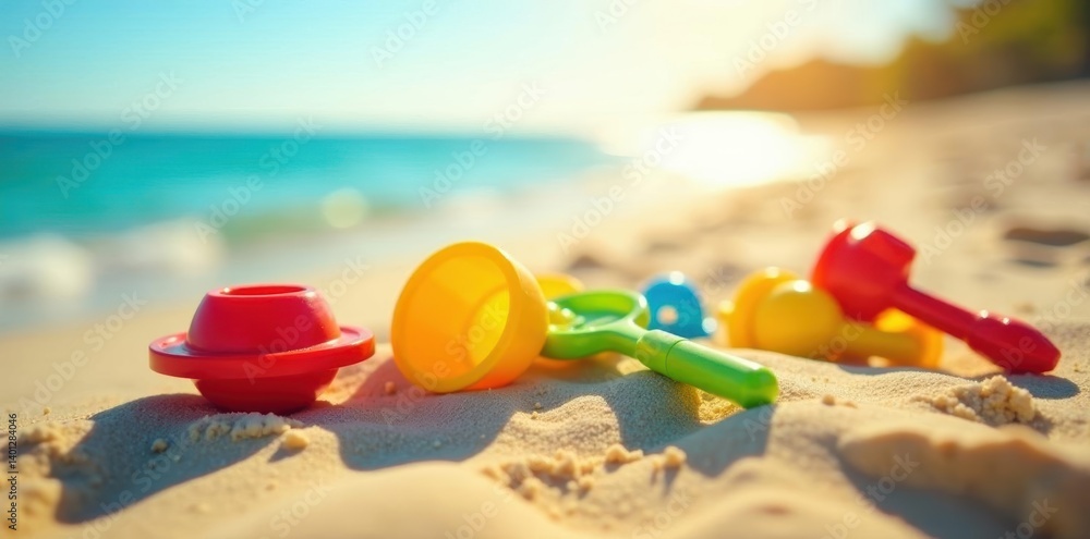 Close-up of colorful beach toys on sand, bright sunlight, toys, child Close-up of colorful beach toys on sand, bright sunlight, toys, child