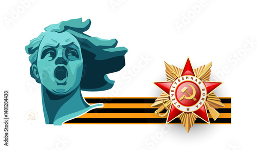 80 years Victory Day! Banner design. Portrait of sculpture Motherland Calls, symbol of Volgograd. Inscription in English and Russian. St. George's Ribbon of World War II 1941-1945. Vector illustration