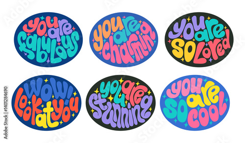 Brightly colored sticker set with uplifting hand lettered phrases in playful bubble typography. Concept of positive affirmation, encouragement and self love through fun retro design