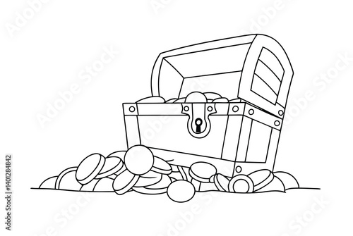 Outline Illustration Of Treasure Chest Overflowing With Gold Coins On White Background